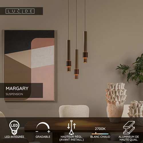 Lucide MARGARY - Suspension - Ø 28 cm - LED Dim. - 3x4W 2700K - Café - USP